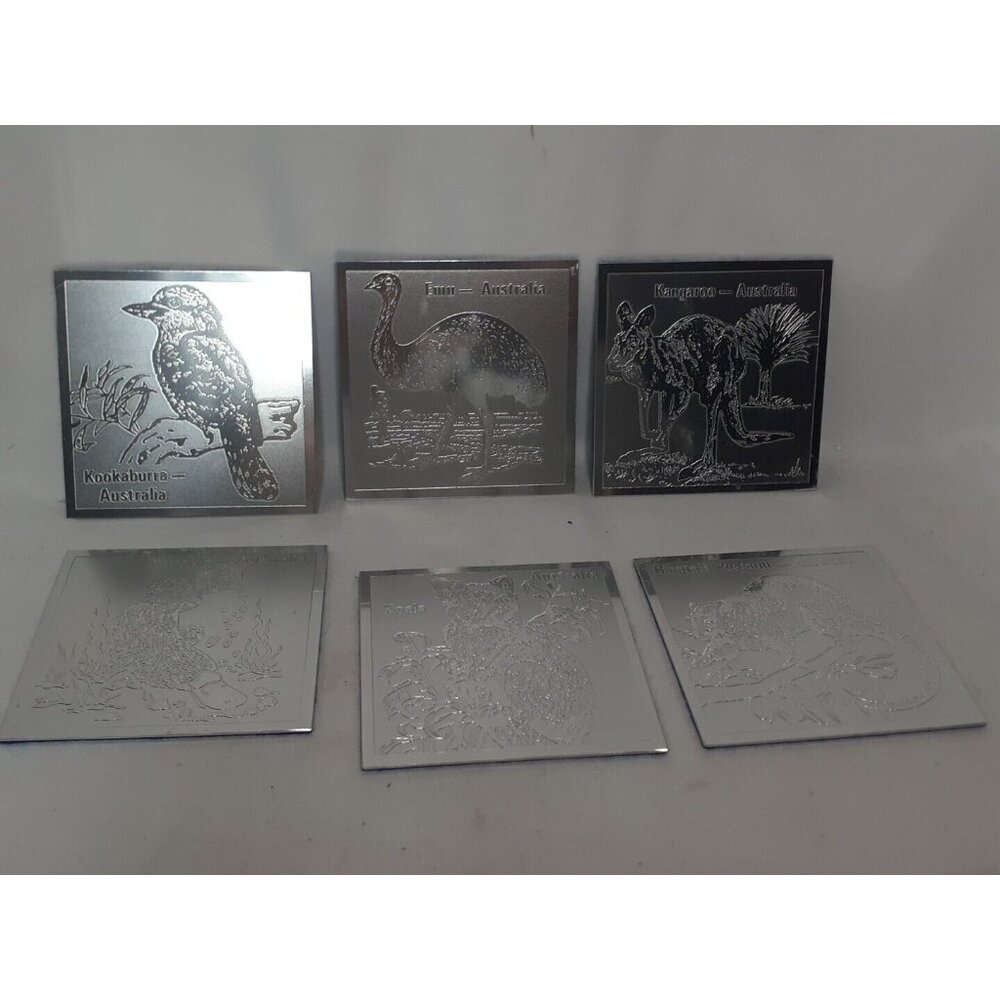 Vintage Set of 6 Elegant Silver Tone Drink Coasters, Kangaroo Koala Emu Possum